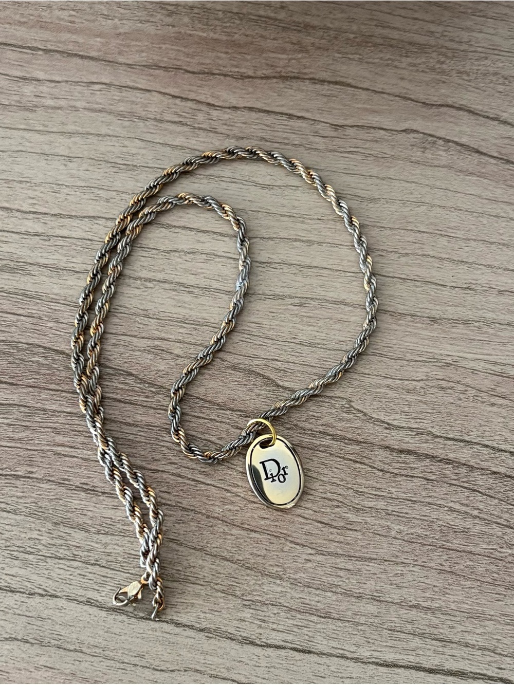Dior vintage Two-Tone Rope Chain Necklace with Engraved Oval Pendant
